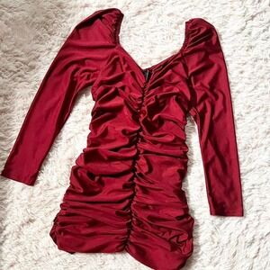 Burgandy Red Hot Statement Madam Powerful Pinup Flirty Ruched Sexy Bodycon Dress
